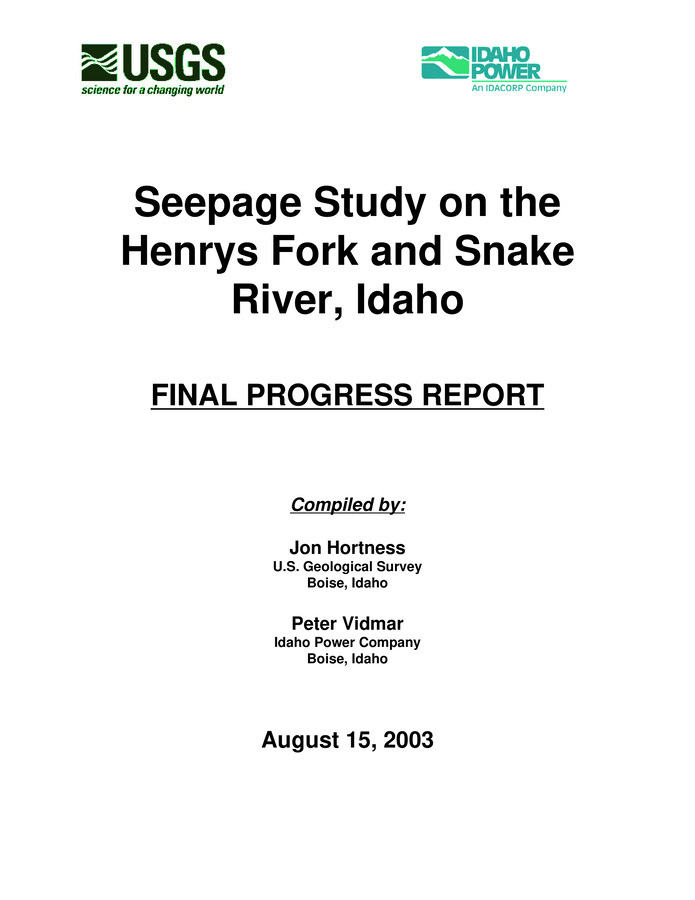 This study was one component of the general Eastern Snake Hydrologic Modeling Committee strategy to refine and enhance the conceptual and computer models of the Eastern Snake River Plain (ESRP) hydrologic system. Information gathered during this study will be combined with the results of other work being done on the plain to enhance the conceptual model of the hydrologic system and refine ground-water and surface-water computer flow models. Data collection and analyses were performed in a collaborative effort by the U.S. Geological Survey (USGS) and Idaho Power Company (IPCo). The specific objective of this study was to estimate gains from and losses to ground water in selected river reaches in the ESRP during five detailed seepage studies.