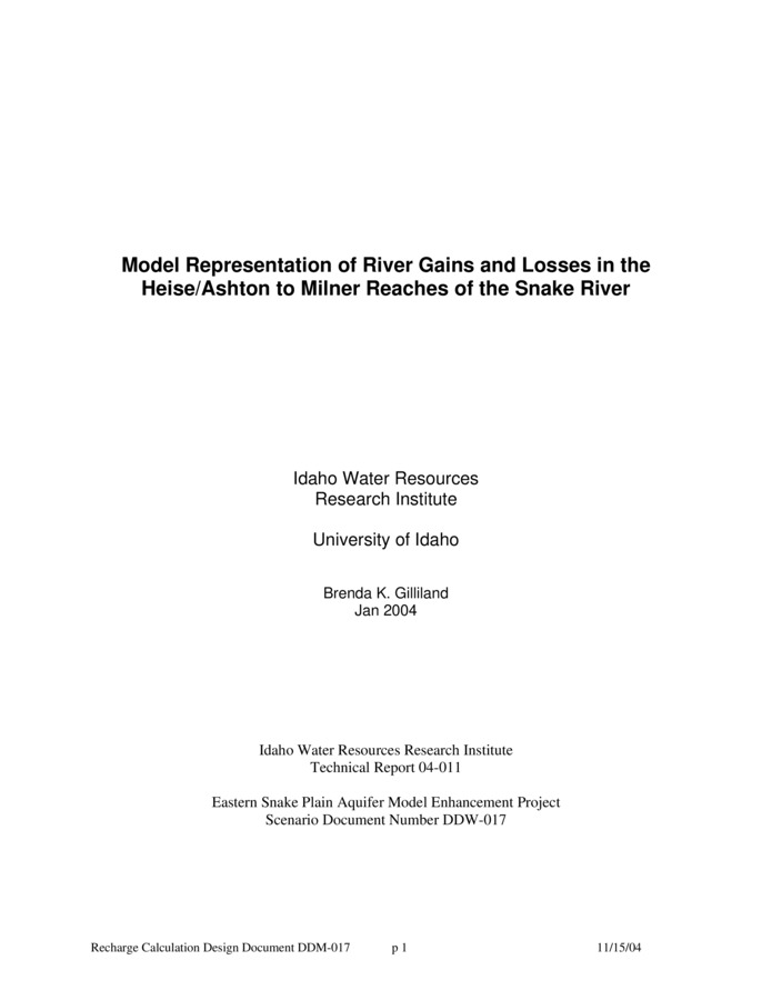 Design documents are a series of technical papers addressing specific design topics on the eastern Snake River Plain Aquifer Model upgrade. Each design document will contain the following information: topic of the design document, how that topic fits into the whole project, which design alternatives were considered and which design alternative is proposed. In draft form, design documents are used to present proposed designs to reviewers. Reviewers are encouraged to submit suggested alternatives and comments to the design document. Reviewers include all members of the Eastern Snake Hydrologic Modeling (ESHM) Committee as well as selected experts outside of the committee. The design document author will consider all suggestions from reviewers, update the draft design document, and submit the design document to the SRPAM Model Upgrade Program Manager. The Program Manager will make a final decision regarding the technical design of the described component. The author will modify the design document and publish the document in its final form in .pdf format on the SRPAM Model Upgrade web site. Final model documentation will include all of the design documents, edited to ensure that the "as-built" condition is appropriately represented. Understanding gains and losses of the Snake River is an important aspect of conjunctive management of the water resources of southern Idaho. Quantifying the surface and ground water exchange is fundamental to management and to the development of technical tools such as the Snake River Plain aquifer model. The exchange of water between the Snake River Plain aquifer and the Snake River is a primary target in the calibration of the model. The model will ultimately be used to guide aquifer and river management. The purpose of this document is to describe the gains and losses of the upper reaches of the Snake River within the bounds of the Snake River Plain aquifer. This document is also intended to give readers a sufficient understanding of the uncertainties in the methods so that they may infer a level of confidence in the results. The presented analyses are described for all river reaches defined by gaging stations for reaches above Milner on the Snake River continuously or nearly continuously operational during the 1980 through 2002 period (Figure 1). Some adjacent reaches may later be aggregated as determined to be appropriate during aquifer model calibration. This period was selected to match the calibration period of the Snake River Plain aquifer model. The gains and losses described in this document are intended to represent the calibration targets for the aquifer model. The description of the analysis in each reach is intended to assist in assignment of a confidence in that target.