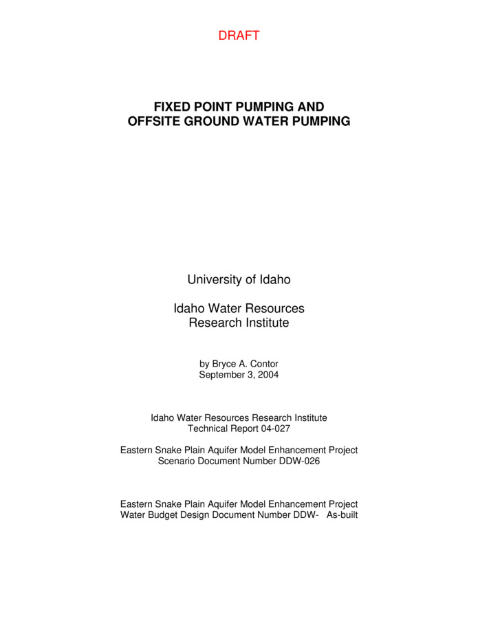 Design documents are a series of technical papers addressing specific design topics on the eastern Snake River Plain Aquifer Model upgrade. Each design document will contain the following information: topic of the design document, how that topic fits into the whole project, which design alternatives were considered and which design alternative is proposed. In draft form, design documents are used to present proposed designs to reviewers. Reviewers are encouraged to submit suggested alternatives and comments to the design document. Reviewers include all members of the Eastern Snake Hydrologic Modeling (ESHM) Committee as well as selected experts outside of the committee. The design document author will consider all suggestions from reviewers, update the draft design document, and submit the design document to the SRPAM Model Upgrade Program Manager. The Program Manager will make a final decision regarding the technical design of the described component. The author will modify the design document and publish the document in its final form in .pdf format on the SRPAM Model Upgrade web site. Final model documentation will include all of the design documents, edited to ensure that the "as-built" condition is appropriately represented. The GIS and FORTRAN recharge tools contemplate three classes of point  impacts to the aquifer: Fixed point pumping, offsite ground-water pumping, and scenario point pumping or recharge. This design document describes the data that will be used for fixed point pumping and offsite ground water pumping. Scenario point data will be not used in calibration of the model. The intent of the scenario point capability is to allow users to test hypotheses by applying "what-if" recharge or discharge of water at desired locations without needing to adjust the files that represent actual recharge data. DRAFT.