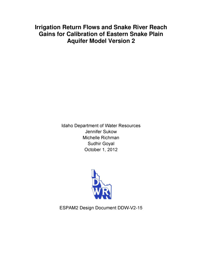 This report is a Design Document for the calibration of the Eastern Snake Plain Aquifer Model Version 2 (ESPAM 2). Its goals are similar to the goals of Design Documents for ESPAM 1.1: To provide full transparency of modeling data, decisions and calibration; and to seek input from representatives of various stakeholders so that the resulting product can be the best possible technical representation of the physical system (given constraints of time, funding and personnel). It is anticipated that for some topics, a single Design Document will serve these purposes prior to issuance of a final report. For other topics, a draft document will be followed by one or more revisions and a final "as-built" Design Document. Superseded Design Documents will be maintained in a "superseded" file folder on the project Website, and successive versions will be maintained in a "current" folder. This will provide additional documentation of project history and the development of ideas. Reach gains were used to calibrate modeled aquifer recharge and discharge in cells representing five reaches of the Snake River above Minidoka. Reach gains used for calibration of ESPAM2.0 are the best estimate of river gains or losses from or to the Eastern Snake Plain Aquifer (ESPA), and may differ from reach gains used in other applications (i.e. water allocation) that include surface water contributions to natural flow. Reach gains in three reaches of the Snake River between Kimberly and King Hill were also used to calibrate modeled spring discharge. Groundwater contribution from the south side of the Snake River (outside of the ESPAM model domain) was deducted from the Kimberly to King Hill reach gains. Calculation of reach gains between Kimberly and King Hill is described in detail in Design Document DDW-V2-14 and is not covered in this document. This Design Document describes the irrigation return flow monitoring network, analysis of irrigation return flow data, assignment of return flows to ESPAM2 irrigation entities and Snake River reaches, and calculation of reach gains for five modeled reaches of the Snake River upstream of Minidoka. This Design Document incorporates ESHMC meeting discussions in May and June 2011, and supporting data analyses completed by IDWR staff.