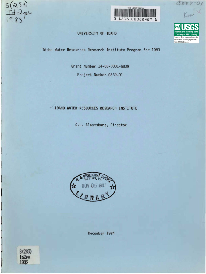 This report is a synopsis of the results of research projects sponsored under Grant Program G839, the 1983 Water Research Institute Program (WRIP) for the University of Idaho Water Resources Institute. The Idaho WRIP package is a sub-set of the Institute's overall research program effort and contains 8 one year projects investigating the following areas: Effects of Suspended Sediments on stream Invertebrate Detrital Processing and Bioenergetics, Impacts of Individual On Site Sewage Disposal Facilities on Mountain valleys Phase II, Abundance Upstream from Dworshak Dam Following Exclusion of Steelhead Trout, Hydrologic and Legal Assessment of Ground Water Management Alternatives for Idaho, Calibration of the Snake Plain Aquifer Ground Water Flow Model, Development of a Methodology to Evaluate the Success and Consequences of Establishing Exotic Fishes in Idaho, Enhancement of Duration Curve Prediction Usinq Short Time Low Flow Measurements, Aquaculture Utilization of Geothermal Wastewater, and Information Dissemination