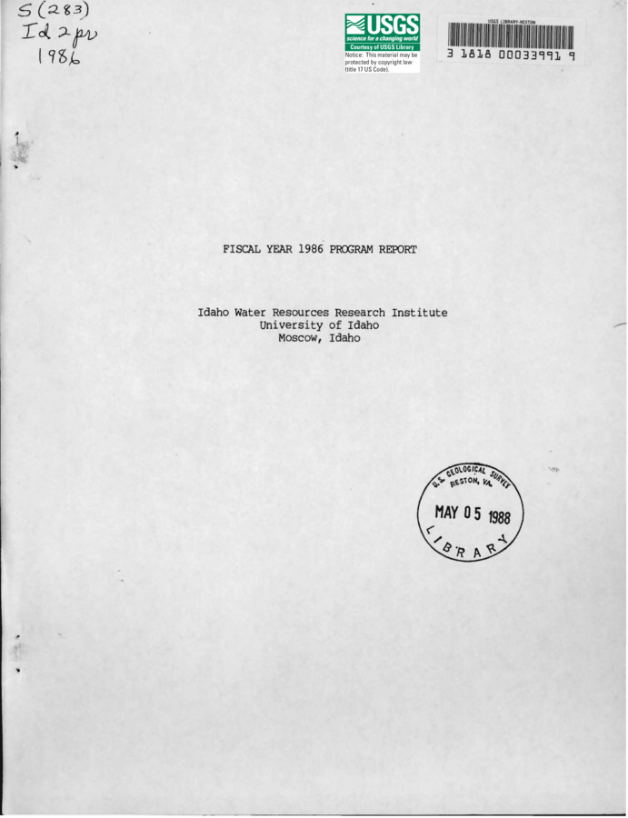 This reports on the research and information dissemination activities of the Idaho Water Resources Research Institute during the 1986 fiscal year. Synopses are presented for the following research projects: Analysis of Historical and CUrrent Drawdown and Production Data from the Boise Geothermal System; A SAS Based Hydrologic Storage and Retrieval System; Annual Flow Statistics and Drought Characteristics for Gaged and Ungaged Streams in Idaho; Development and Evaluation of Procedures for Systems Analysis and Optimization of On-Farm Irrigation Systems; Ground Water Management Under the Appropriation Doctrine, Part II; Power Engine Discharges as a Nutrient Source in High-Use Lakes; A New Approach to Evaluate Redox Status and Ground Water Pollution Problems Associated with Mine Wastes in the coeur d'Alene Mining District, Idaho. Information dissemination and workshop activity of the Institute is also reported.
