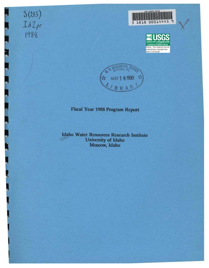 This report addresses the research and information dissemination activities of the Idaho Water Resources Research Institute during the 1988 fiscal year. Synopses are presented for the following research projects: Ground Water Contamination from Agriculturally Applied Pesticides Developing an Integrated Model for Evaluating the Economic and Ecologic Effects of Reducing Nonpoint Source Pollution in a Palouse Watershed Preliminary Evaluation of Ground Water Inflow to Coeur d'Alene Lake from the Coeur d'Alene River Valley Uncertainty and Sensitivity Analysis of Parameters in a Regional Ground Water Flow and Recharge Model Research Fracture Flow Model Study for the Boise Front Low Temperature Geothermal Ground Water Management Area Information dissemination and workshop activities are also reported.