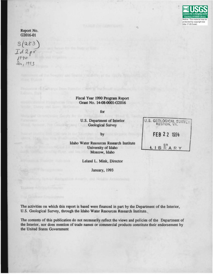 This report addresses the research and information dissemination activities of the Idaho Water Resources Research Institute during the 1989 fiscal year. Synopses are presented for the following research projects: + Assessment of the Severity and Spatial Variability of the 1980's Idaho Drought + Evaluation of Recharge from Paradise Creek to the Basalt Aquifers at the UI Groundwater Site + Modification of Phosphorus Transport through Soil Materials + Municipal Groundwater Supply for the Boise, Idaho Area: Phase II, Testing to Determine Aquifer Parameters + Role of Mobile Soil Colloids in the Transport of Synthetic Organic Pesticides + A Transfer Function Model for Prediction of Solute Transport in Surface Irrigated Fields Information dissemination and workshop activities are also reported.