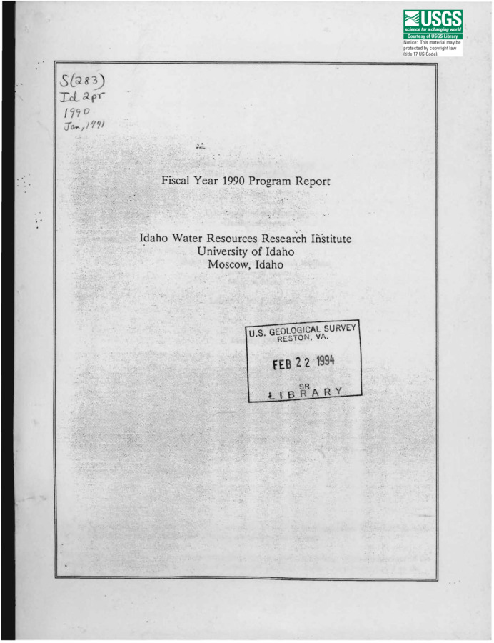 This report addresses the research and information dissemination activities of the Idaho Water Resources Research Institute during the 1988 fiscal year. Synopses are presented for the following research projects: 1. Fall Subsoil Tillage Effects on Runoff Abatement and Agrichemical Transport in Frozen Soils of the Palouse Region, 2. Geological and Hydrologic Investigation of Modern and Abandoned Municipal and County Landfills, Pocatello, Bannock County, Idaho, 3. Identification of Eutrophication Trends in Lake Pend Oreille, Idaho with Shoreline Periphyton Indices, 4. Modification of Phosphorus Transport through Soil Materials, 5. Municipal Groundwater Supply of the Boise, Idaho Area: Phase I, Geologic Framework, Delineation of Aquifers and Production, Preliminary Testing for Aquifer Parameters, 6. Offsite Ecologic Economic Impact Assessment of a Nonpoint Source Polluted Stream in Northern Idaho. Information dissemination and workshop activities are also reported
