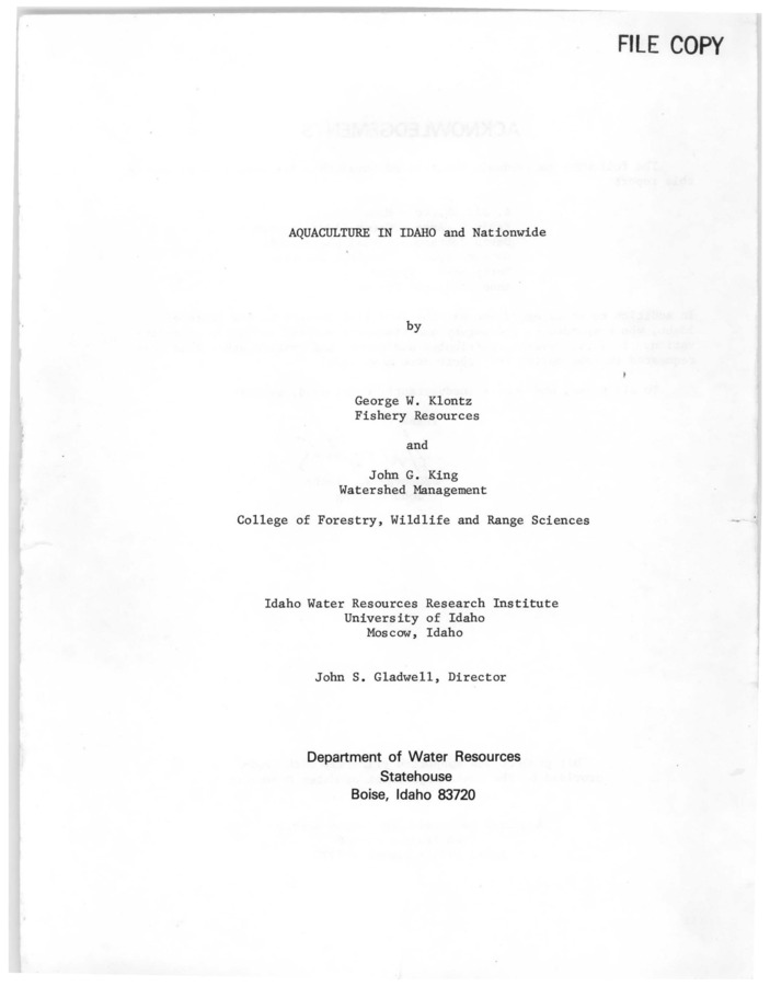 The purpose of this report is to describe the aquacultural industries of Idaho and their relationships to those of the United States from the aspects of: 1) quantity and quality of water used; 2) production and marketing; 3) economic significance; 4) current factors affecting the industries; 5) future prospects