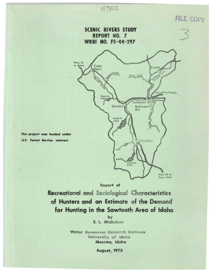 The objective of this study was to evaluate hunting activity and its economic impact on the Sawtooth Valley and mountain area in Idaho. The study proceeded with a description of the socio-economic characteristics of the hunters who used the area and continued on to estimate the demand for hunting in the area. The third part of the study dealt with developing managerial strategies for the area. The hunters were described in terms of the age, sex, education, and income levels. They were divided into residents and non-residents, and they were asked a considerable number of questions concerning their preferences for hunting, facilities, and motivations to hunt. The average hunter was between 30 and 40 years old, was a male, had attended college for a period of time and had an income between $10,000 and $14,999. The second part of the study dealt with estimating the demand for hunting. The equation developed estimated that the average hunting trip consisted of about 6.8 visitor days and cost per visitor day was $9.78. A demand schedule was developed using this equation which indicated the alternative prices for various levels of use. A further development in this section was that of estimating the resource value of hunting in the Sawtooth area. This resource value was estimated to be $186,419 in 1971, and the total amount of money hunters spent on the hunting experience in the Sawtooth was $74,690. In the third part of the study a number of hunting use projections were made to indicate the possible impacts of hunting in the area. These projections stemmed from the demand equation above, and indicated the expected consequences of changing hunting use patterns in the Sawtooth area.