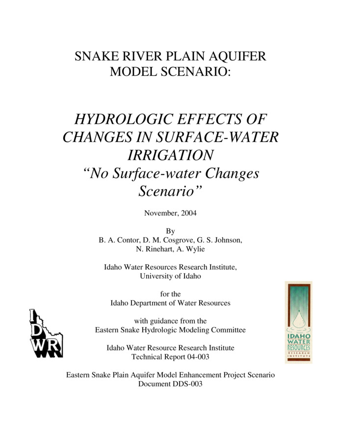 This scenario, Hydrologic Effects of Changes in Surface-water Irrigation Practices (also known as the No Changes in Surface-water Practices Scenario), is one of many simulations using the Snake River Plain aquifer model to provide information and assist in resolution of conflicts among water right holders and guide future water management such as implementation of managed recharge. Water management should be guided by a collective perspective, using many of the scenario evaluations rather than a single document. [...] This "No Changes in Surface-water Practices Scenario" is intended to answer the question: "If surface-water irrigation practices had remained as they were in the 1950s, how much higher would spring discharges be today?". This scenario is presented to provide context for other scenarios and allow comparison of relative magnitudes of other scenarios. Because this "No Changes in Surface-water Practices Scenario" incorporates changes in diversions that may be the direct result of ground-water development, it is not additive to other scenarios. In particular, this scenario is not additive to the Curtailment Scenario. Goals of the "No Changes in Surface-water Practices" analysis are: 1. Describe changes in surface water diversions and consumptive use on surfacewater- irrigated lands. 2. Quantify the propagation of these changes through the aquifer to the springs and river reaches. 3. Describe the uncertainty associated with estimates and assumptions used in the analysis. 4. Identify potential causes for observed changes in diversions and partition the total amount of change to these possible causes. 5. Compare the results of this scenario with other scenarios and other hydrologic studies. DRAFT.