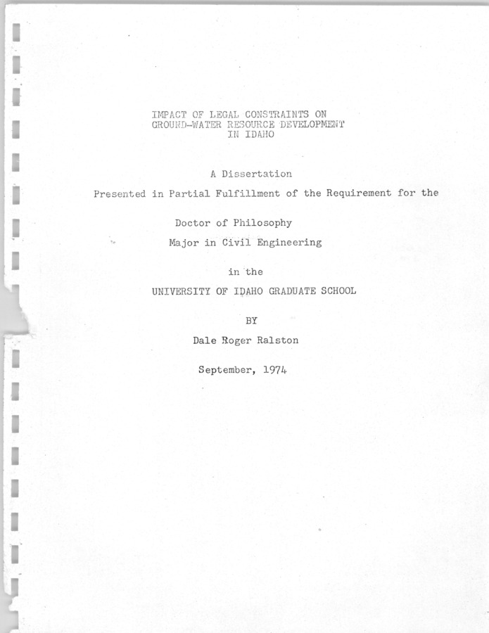 Ground-water management in Idaho is based on the appropriation doctrine of water law. Legislative phrases such as ''full economic development...reasonable ground-water pumping levels...(and) reasonably anticipated average rate of future natural recharge'' are the basis for ground-water administration. This thesis provides an analysis of possible administrative actions utilizing a mathematical model of a selected water resource system.