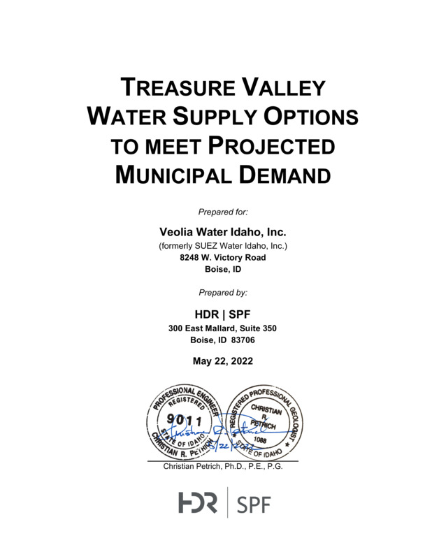 The Treasure Valley benefits from a substantial local water supply, arguably a greater per capita supply of surface water and groundwater than in many other arid western urban areas. Nevertheless, the Treasure Valley faces the challenge of supplying municipal water to a growing population. Municipal demand is projected to increase by another 110,000 AF to 190,000 AF in the coming decades. Although Treasure Valley aquifers will support additional pumping, there are aquifer-capacity, water-quality, and administrative constraints that may limit additional groundwater withdrawals in some areas. Fortunately, there are numerous options available for increasing municipal supplies. Potential water sources include additional groundwater development, new upstream storage, the Snake River, the Boise River downstream of Star, and treated municipal effluent. In combination, these sources likely will be sufficient to meet the projected domestic, commercial, municipal, and industrial (DCMI) demand in the Treasure Valley over the coming decades. Developing these sources will likely entail overcoming various physical, institutional, and administrative constraints. Meeting a growing municipal water demand will require an adaptive, cooperative strategy for developing some or all of the water-supply options described in this report.Meeting a growing municipal water demand will require an adaptive, cooperative strategy for developing some or all of the water-supply options described in this report.