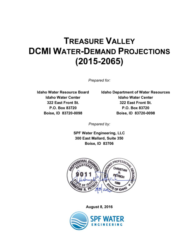 The purpose of this Treasure Valley water-demand forecast was to (1) estimate current DCMI water use and (2) project the amount of additional water needed to supply domestic, commercial, municipal, and industrial (DCMI) water demand by the year 2065. The primary conclusion from this analysis is that the net DCMI water demand1 could increase from 110,000 AF/year in 2015 to between 219,000 and 298,000 AF/year by the year 2065. This represents a DCMI water-demand increase ranging from 109,000 to 188,000 AF/year.
