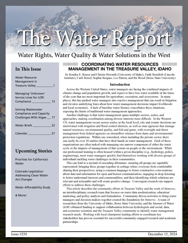 This article describes the community efforts in Treasure Valley and the work of Immerse, an interdisciplinary research team that focuses on water data modernization, education/ marketing, and policy analysis and formulation. Community driven activities to bring water managers and decision-makers together created the foundation for Immerse. A team of researchers from the University of Idaho, Boise State University, and the Internet of Water (IoW) obtained funding to support collaboration between hydrologists and social, data, and economic scientists and the Treasure Valley community to identify water management research needs. Working with local champions leading efforts to coordinate key stakeholders has proven essential for successful community-engaged research and academic partnerships.