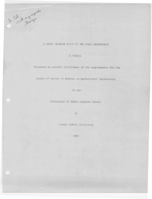 This study was undertaken to devise methods of carrying out water balance studies on watersheds where there is a deficiency of data and where there is not sufficient time to collect records of all climatic factors through complete instrumentation. An area near Moscow was selected for study because stream gaging stations had already been established in cooperation with the City of Moscow and these watersheds are representative of many small watersheds in the Northwest. In addition, there have been hydrologic data collected at various times in the past but these data were never analyzed to determine the water balance of the region. A reasonably accurate analysis of the water balance was attempted by making maximum use of all previously gathered data on precipitation, data collected during the period of study, and information on evapotranspiration from other areas. The results desired from the application of the methods used herein were as follows: 1. The variation of precipitation which o1ay be expected in an area of like climatic and topographic conditions. 2. The evapot:inspiracion loss due to vegetation of the types found on these watersheds. 3. The amount of surface runoff to be expected on watersheds under comparable climatic conditions. 4. The amount of groundwater recharge which may be expected in areas of similar geological conditions.
