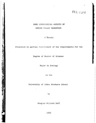 The present investigation is an attempt to contribute to our inadequate knowledge of limnological interrelationships in an artificial body of water. Spring  Valley Reservoir, a 56 acre artificial lake, was selected for study. Field work extended from May through November,  1964, but certain phases of the laboratory work were not completed until March, 1965.  Particular attention has been given to vertical and seasonal variations of zooplankton populations in reference to selected environmental factors such as temperature,  transparency, dissolved oxygen, free carbon dioxide, total and calcium hardness, alkalinity, nitrogen, and phosphorous. In addition, emphasis has been given to  the mean summer standing crop of zooplankton.  Although limnology has been recognized as a distinct branch of science for less than 70 years (Welch, 1952),  much has been done to provide an understanding of lake productivity and the numerous factors influencing productivity . Many investigations have been conducted in an  attempt to determine characteristics with which to classify the productivity of lakes. As a result, many physical,  chemical, and biological measures of productivity have evolved and are now used with varying degrees of success.  Some of these limnological methods have been included in the present investigation.