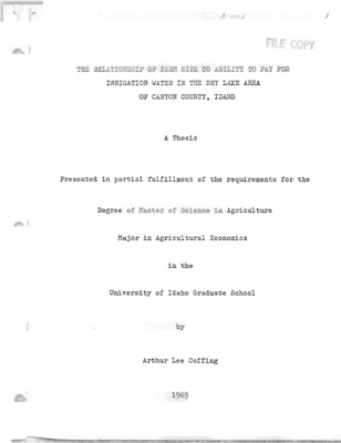 The main objective of the study is to determine the ability of different sizes of farms to pay for irrigation water. This ability will be measured by the capability of the farm to produce high value crops at low costs.  Phrased in a different way, the objective of this study is to find the maximum that farms of various sizes can pay for irrigation water if, at the same time, all other factors of production are adequately rewarded. This, to some degree, will indicate the maximum value of water if irrigation is its highest use. This type of information can be of use to future studies which involve water rights or water values.  A secondary objective is to determine the economies of size of the various enterprises. This will reflect the competitive advantage of each enterprise on farm-to-farm, area to-area, or possibly on state-to-state levels.