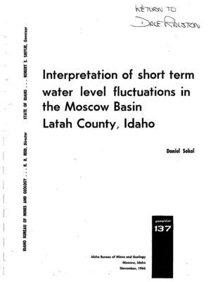 Moscow basin is underlain by a sequence of basalts and intercalated sediments along the eastern margin of the Columbia Plateau. The sequence includes at least 5 aquifers that are separated by rocks with such low permeability that hydraulic connection among aquifers is extremely poor. Not E>.ll aquifers are everywhere present throughout the basin. Potentiometric surfaces of deeper aquifers are successively lower. Each aquifer has a distinctive pattern ci. seasonal water-level fluctuations. Waterlevel rises correlate with rainfall in the basin and with snow melt and relatively heavy surface runoff from adjacent mountainous areas. All aquifers, except the lowermost, show seasonal recharge indicating that each is part of an active hydrologic system. Information on the lowermost is insufficient to determine if it is now being recharged significantly. Water levels in some wells responded to changes in barometric pressure, pumping in other wells, earthquakes, and wind, in addition to seasonal recharge. The largest fluctuation, caused by the Good Friday, 1964, earthquake in Alaska, was more than five feet. No permanent change in water level could be attributed to this or any other earthquake. Seasonal fluctuation of one-half foot in one well was identified by two methods, although the record was obscured by barometric fluctuations of more than one and one-half feet.