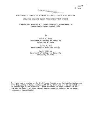 The City of Moscow and the University of Idaho are the principal users of groundwater in Moscow basin. Water is obtained from artesian aquifers in the basalt flows and interbedded sediments of the Columbia River Group.  From 1896 to the 1960s, all water was obtained from an artesian aquifer that is at a depth of about 250 feet. Water levels in the wells declined steadily over the years; the total decline at the city's pumping plant was about 100 feet by the 1960s.  The water in the aquifer is of poor quality because of high concentrations of iron.  Exploration for other groundwater supplied led to the discovery of good quality water in productive aquifers at depths of 700 feet and 1300 feet.  The City and University shifted nearly all pumping to the deeper aquifers, and since heavy pumping ceased in the upper aquifer, water levels have been steadily rising.  Properties of the deeper aquifers are not yet known and the amount of water that they will yield over long periods of time is uncertain.  Strong possibility exists that the deeper aquifers will show a long-term decline of water levels, indicating depletion of the supply of groundwater.  It is uncertain that projected future demands can be met by naturally-available groundwater.  Import of surface water from outside the basin is costly due to distance, construction cost of pipeline, operation cost of high pumping lift.  Preliminary study indicates that artificial recharge of groundwater by utilizing seasonal runoff from intermittent streams in and near Moscow basin is a feasible and cheaper alternative to long-distance importation of surface water.  Paper presented at Sixth Annual Symposium on Engineering Geology and Soils Engineering, at Boise, Idaho, April 17-19, 1968.