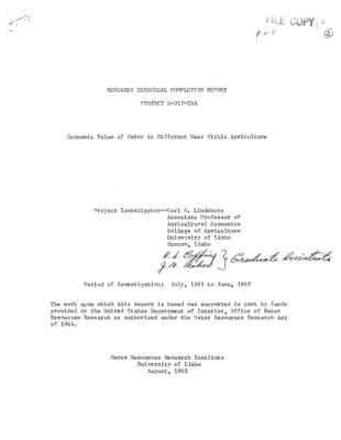 Studies of the economic value of irrigation water in alternative uses within agriculture in Idaho were conducted using two different approaches of economic analysis. The first approach was to estimate the economic value of water through cost function analysis. The value of water in this approach is a proportion of the cost of producing a dollar value of output. This approach does not yield the value of an incremental acre foot of water, but yields a weighted average of all the increments of water over the whole range of production.  The other approach of economic analysis was the application of linear programming in estimating the value of an incremental unit of water. Three irrigation areas along the Snake River were included in the study. Costs of producing different crops were computed and representative farms of the three areas were constructed. These farm operations were assumed to be typical of the areas, and under given resource allocation restrictions, the economic return to the input of water would indicate the value of an incremental unit of water in the production of agricultural products.