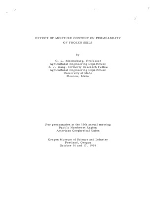 The general subject of permeability of frozen soil and particularly the infiltration rate of frozen soil is of particular interest to hydrologists in the Northwest. A great many of our worst floods have been caused by storms occurring when the soil was frozen such that the infiltration rate was extremely slow. When this occurs, all or nearly all of the storm precipitation appears as surface runoff. Some of the more recent storms of this type were during the winters of 1962 and 1964, when there were several of these flood occurrences in various sections of Idaho, eastern Oregon, and Washington. Presentation at the 16th annual meeting, Pacific Northwest Region, American Geophysical Union, at the Oregon Museum of Science and Industry, October 16 and 17, 1969.