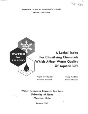 Seventeen toxic chemicals were bioassayed to investigate the possibility of measurable physiological responses to death in northern squawfish. Lethal indices, dependent upon concentration and temperature for each chemical, in terms of time between loss of equilibrium and death, were established. The physiological process of suffocation caused by the action of heavy metals and organic compounds of lactic acid formaldehyde, and p-nitrophenol was identifiable and unaffected by concentration or temperature. The anesthetic effect of p-chlorophenol was discrete and also unaffected by concentration or temperature . The physiological actions of nitrites, other phenols, chlorinated hydrocarbons, and organophosphorus compounds were not discretely identifiable and the data indicate multiple physiological effects for these chemicals depending on concentration.