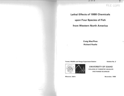 A piscicide screening program was conducted with 1,888 different chemicals mostly at concentrations of 10 ppm. The times at which fish lost their equilibrium and died are given for 2,552 separate 24-hour assays. The species tested were the northern squawfish (Ptychocheilus oregonenm), chinook salmon (Oncorhynchus tshawytocha), coho salmon (Oncorhynchus kzsutch), and steelhead (Salmo gairdnen).