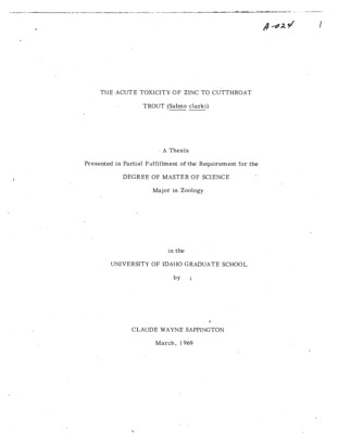 Determinations of the acute toxicity of zinc to Cutthroat trout (Salmo clarki) fingerlings were conducted using mo bioassay systems. Methyl orange alkalinity of the test water wds 23.9 ppm as calcium carbonate. PH values were near neutrality. In a standard, static bioassay, 24, 48 and 96 hr median tolerance limit (TLm) values of 0.62, 0.27 and 0.09 ppm zinc respectively were obtained. Results of a recirculating, flowingwater bioassay showed a 24 hr TLm value of 0.42 ppm zinc. No 48 or 96 hr values were found due to statistical non-significance of the data. The inconclusiveness of the results of the running system is due to changes in the concentration of zinc present in the test water as a result of sorption of the zinc ions to the bottom and sides of the test tank.