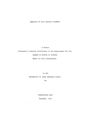 The object of this study was to develop design criteria for a slot orifice fishway. Sizing and spacing of slot orifices inside the fishway can be designed to create flow conditions satisfactory for fish passage. The slot orifice fishway will function well in a wide range of discharges and should not have any serious s i l t i n g problems. Values of drag coefficients for the slot orifice constrictions were evaluated by model studies for a range of slot openings varying from 0.6 t o 0.85 of fishway width and culvert slope varying from horizontal to five percent. Three longitudinal spacings, 4, 5, and 6 times the fishway width, were considered for the slot orifices in the fishway. The effect of tailwater on the flow conditions at the fishway entrance was studied. The backwater relation of the slot orifice also was developed in the above range. Nondimensional carves are given for the values of the drag coefficients of the slot orifice constrictions and also for the backwater relations for the slot orifices. An equation, based on momentum principle, is developed which enables the designer to find the rate of flow through the fishway. Necessary criteria regarding suitability of flow for fish passage are also developed.