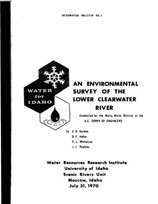 The project objectives for this survey, as agreed upon by the U. S. Corps of Engineers and the Water Resources Research Institute of the University of Idaho, are: 1 . To inventory the water and related land resources of the lower Clearwater River from the Washington Water Power Company (WP) Dam at Mile 4.6 to Ahsahka at Mile 40.5. 2. To identify major resource use problems in the river area. 3. To catalog aesthetic qualities of the river. 4. To assess the impact of water-level fluctuations and water quality fluctuations on the environment resulting from the operation of Dworshak Dam at Mile 1.7 of North Fork Clearwater River.