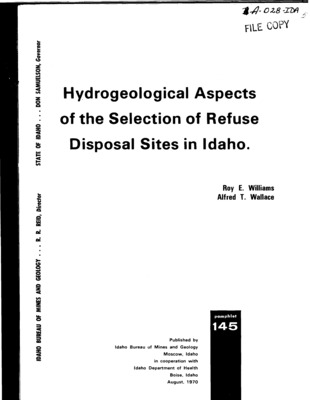 In this report geologic environments in Idaho have been evaluated in light of results of studies on refuse disposal and groundwater contamination that have been conducted elsewhere. The hydrogeologic environments commonly considered most safe for refuse disposal in any area are those with materials of low permeability and those that are well above the water table. A third type of environment, one which is hydrogeologically protective, also must be considered for disposal purposes in a few areas. Hydrogeologically protective implies that a site can be engineered to prevent the migration of leachate toward critical areas or that renovation of leachate by the porous medium will occur before the leachate reaches critical areas, The hydrogeologic environments discussed herein are categorized according to geomorphic province or subprovince, The major communities in Idaho are placed within the appropriate geomorphic category for purposes of recommendations regarding the selection of safe refuse disposal sites. This pamphlet contains information presented in support of the Idaho Department of Health regulations and standards for solid waste control,