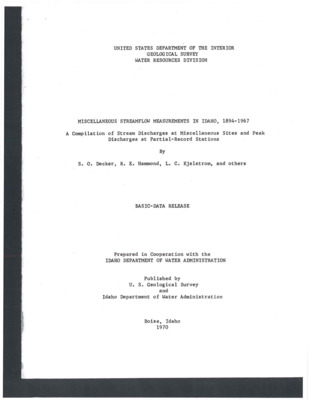A compilation of stream discharges at miscellaneous sites and peak discharges at partial-record stations. Provides latitude/longitude physical description of measurement site; also, when known, the drainage area of watershed, where the information was published (if available), what other records might be available, and date ranges.