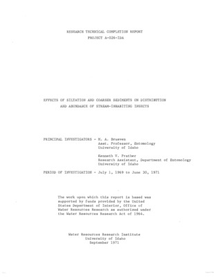 This study was conducted to show the effects of sand and coarser sediments on the distribution and abundance of insects in Emerald Creek and the Middle Fork of the St. Maries River. Stream profile, substrate conditions, water chemistry and benthos were measured at seventeen permanent stations. Substrate simulation studies were conducted in an artificial stream in the laboratory to better define the relationship of substrate to five species of aquatic insects. Coarse and fine gravels with unimbedded cobble were preferred over fine sands and silt with partially or completely imbedded cobble by most insects. Habitats with few cobble and large amounts of sand and silt had low species diversities and biomass. Abnormal sediment production from rockhounding, dredge mining and roadbuilding cause adverse effects on the stream environment and insects.