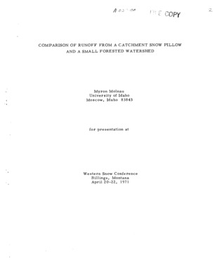 A 12-by- 12-foot square pressure pillow was modified by the addition of drains to collect the snowmelt from the pillow. This meltwater was collected in tanks and monitored by stage recorders. The daily runoff amounts from the catchment pillow was compared with the mean daily runoff from a 1580-acre watershed and one of approximately 80 acres. The runoff from the pillow provided a good measure of the timing of runoff from the two watersheds. A time lag of one day was found for the small watershed and 2 to 3 days for the latter watershed.