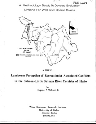 Thesis that samples the opinions of locals of Salmon River and Little Salmon River regarding potential for conflicts with recreationists. Opposition at hearings prompted Congress to designate twenty-seven 'study' rivers in the National Wild and Scenic Rivers Act. Landowners argued that the Act would increase recreationist associated land management problems. A spatial analysis of recreational pressures, subsequent recreationist associated problems, and selected public policies which influence landowner-recreationist conflicts were involved in this Scenic Rivers Methodology subproject . Relatively developed and predominantly privately owned, a rural area of Idaho's lower Salmon River basin, herein termed the Salmon-Little Salmon River Corridor, is a complex pattern of management and ownership units adjacent to national forest lands and characterized by a narrow strip of land and water in which lateral mobility is limited by canyon walls rising from the rivers. The northern half of the Corridor is dominated by ranching along the Salmon River. The Little Salmon River flows through the southern half where residential land use dominates. Sampling included 118 of 306 landowners.