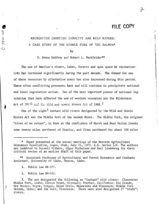 One of the eight instant wild rivers designated by the Wild and Scenic Rivers Act was the Middle Fork of the Salmon River. The Middle Fork, the original ''river of no return'', is born at the confluence of Marsh and Bear Valley Creeks: some twenty miles northeast of Stanley, and flows northward for about 100 miles through one of America's deepest gorges to join the min stem of the Salmon Below Shoup. It is a fast-flowing stream with numerous rapids and falls. Stretches of relative calm, however, can ''ease one to sleep'' before the next series of rapids greets the-unsuspecting floater. The lower 80 miles of the river is part of the Idaho Primitive Area. The fast-flowing, relatively pure and primitive characteristics of the river has nude it a national attraction for recreationists . River runners, hunters, fishermen, sightseers, and backpackers commonly confront the rugged confines of the area during the short summer season when snow packs allow access. Until the mid 1940's, only a limited number of hunters, prospectors, trappers, and fishermen used the area. In 1959, the Forest Service constructed a road to the upper reaches of the river that opened the area up and allowed a substantial increase in recreational use. For example, between 1962 and 1971 the number of Middle Fork floaters increased more than five times. The large increase in recreational use on the Middle Fork has helped generate considerable concern on the part of the Forest Service regarding the impact of this use on the environment of the area. Should use be limited? If so, when, how, and why? In an effort to provide some insight into these matters a study was initiated in 1970 to determine the recreational carrying capacity of the Middle Fork. This paper presents some of the preliminary results of that study.