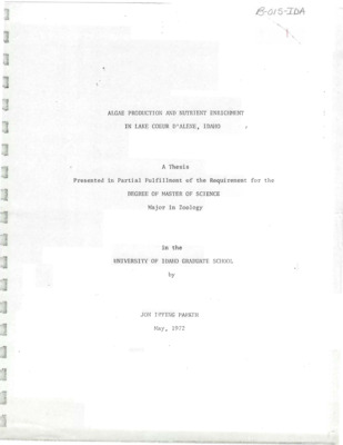 In situ and in vitro (under controlled conditions of light and temperature) primary production rates using radioactive C-14 were measured over a 5-month period in Coeur d'Alene Lake. Distribution of phytoplankton and physicochemical parameters were assessed to distinguish broad area differences. These differences were used to aid in the explanation of variations in productivity throughout the lake. situ rates ranged from 0. 6-6.6 gC/m day at an enriched open water lake station, where a diatom-dominated phytoplankton community existed . In vitro rates ranged from 10-2250 mgC/m3/4-hr incubation period and indicated that the northern area of the lake was oligotrophic and the middle and southern areas were strongly mesotrophic. Concentrations of phosphate, nitrate, and alkalinity were likewise higher in the middle and southern portions of the lake, which supported the productivity measurements.