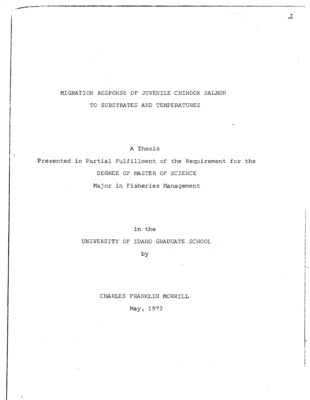 I assessed downstream migration of age 0+ chinook salmon from stream channels with rock and rubble (good) or gravel or shale (poor) substrates and constant or declining water temperatures during the fall months of 1970 and 1971. As water temperatures declined juvenile chinook left stream channels with gravel or shale substrates or moved into available hiding spaces in stream channels with rock and rubble substrate . Fish initially emigrated as temperatures declined below 10 C. I believe the number of emigrants reflects the holding capacity of the substrate and the density of the fish population. The migration response varied with size and race of fish. I attribute most of the response difference between races to differences in fish size. I contend that juvenile spring chinook find rock and rubble substrate an important component of their winter habitat. A thesis.