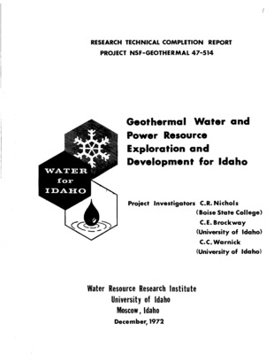 Recent economic and political pressures to develop new energy sources that will have less adverse environmental effects and still meet the growing demand for power have focused discussion on the potential for developing natural steam and hot water sources for geothermal power. There is also significant interest in using hot waters for non-power purposes such as recreational swimming, fish farms, greenhouse operations and space heating of homes and buildings. This report presents a reconnaissance effort to define the geologic factors important in the evaluation of Idaho's geothermal potential. Limited information on the chemical contents and temperatures of hot water sources in Idaho was obtained to ascertain information useful in future exploration. An attempt was made to identify the extent of hot water uses in Idaho. The pattern of use was studied and information obtained on the economic importance of the hot water as a state resource. During the progress of the research a new State statute was passed and the legal responsibility of regulating and administering the geothermal resources was assigned to the Idaho Department of Water Administration. Future needed studies will thus be coordinated through that agency.