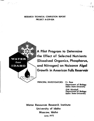 Accelerated eutrophication has become a problem of major dimension in Idaho and other parts of the United States during the past two decades. Associated with an accelerated rate, eutrophication has come an increased emphasis on understanding those factors which contribute to increased productivity in aquatic habitats. A very important part of this emphasis has involved numerous attempts to elucidate the specific nutrient requirements of a variety of algal forms. These studies have involved, for the most part, one of two general approaches. First, a large number of laboratory investigations have been conducted for the purpose of determining specific nutrient requirements of a particular algal species with the determination based upon maintaining that species under strictly controlled laboratory conditions. Secondly, investigation has involved field studies with the objective being to determine changes in ambient concentrations of a variety of growth promoting substances in relation t o changes in algal populations especially during the summer months. In addition there have been other studies more limited in number in which a combination of these two broad types of investigation have been attempted. This project which is an example of the combined approach was undertaken in the attempt to ascertain the relative contribution or stimulatory effect of selected nutrients which might promote the growth of indigenous algal species in American Falls Reservoir.
