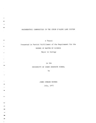 Benthic invertebrates were sampled and identified from four depths in four areas of the Coeur d'Alene Lake system over a 7-month period. I identified 23 genera of chironomids. Oligochaetes were the most common taxa collected in Lake Chatcolet and Round Lake, which were nutrient enriched waters containing large macrophytic populations. Chironomids were the most common taxa in Lake Coeur d'Alene where aquatic vegetation and enrichment were less. Sixty percent of the organisms were found in samples from 2 m, but wide variation was observed.