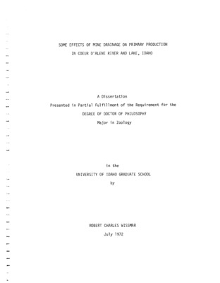 Variations in primary production and physicochemical measurements in the Coeur d'Alene River and Lake contaminated by mine and industrial wastes were examined from May, 1969, to November, 1970. Metal concentrations Md, Cd, Mg, Ca, Pb, Cu, Zn, Fe, Na, and K; water quality and phytoplankton composition-density were determined for thirty-five dates during this period. Additional sampling included unpolluted portions o f Coeur d'Alene Lake from December, 1969, to November, 1970, and the unaffected St. Joe River during the summers of 1969-70.