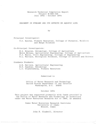 A team of investigators from the disciplines of engineering, entomology and fisheries cooperated in a study to assess the temporal and spatial impact of decomposed granite bedload sediment on insect and fish populations, and on the capability of mountain streams in the Idaho batholith to transport this sediment . This investigation was designed to provide information for resource managers who formulate watershed management guidelines for streams of the Idaho batholith and other areas with granitic baserock