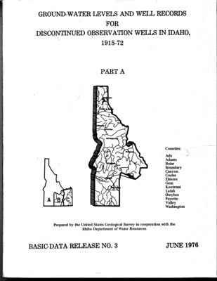 This report tabulates data of groundwater levels from 1915 to 1972 in observation wells within selected counties in the state of Idaho. The data for this report are so voluminous that It is presented in parts A, B, and C for the convenience of the data user. The state has been divided into seven areas, and well data arranged alphabetically by county within each area. Part A contains well data for areas 1-5 which include north, north-central, west-central, east-central, and southwest Idaho. Part B contains well data for area 6, south-central Idaho. Part C contains well data for area 7, southeast Idaho.