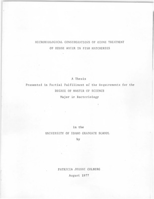The effectiveness of ozone as an alternative to current ultraviolet disinfection of makeup water and its potential for treatment of recycled water in commercial reuse hatcheries was considered in this study. Comparative survival rates in water were established for four bacterial fish pathogens (Aeromonas salmonicida, Aeromonas liquefaciens, Pseudomonas fluorescens, and the causative agent of Hagerman Redmouth Disease) and spores of Bacillus polymyxa during batch and continuous flow ozonation in the laboratory. A mixed bacterial-protozoan population isolated from soil was also subjected to ozonation, with protozoan survival monitored by hemacytometer.