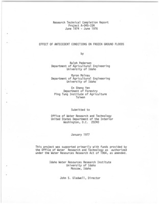 Predicting frozen ground occurrences can be helpful in preventing flood damage in areas that are subject to winter floods. Discriminant analysis was used to study frozen and unfrozen ground runoff events for four watersheds in the Pacific Northwest. Part of the discriminant procedure was used to choose a set of meteorological factors for each area that can distinguish between frozen and unfrozen ground runoff events. These variables were then used to define a system to classify other past or future runoff events. The occurrence of a frozen ground runoff event is dependent on the combination of several meteorological factors interacting together rather than on the influence of one single variable such as the average minimum air temperature. This methodology proved successful for two of the watersheds studied. It was found that a unique set of variables could be used for classification, depending on which watershed is being analyzed.