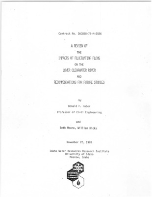 This report is intended to present summaries of the present and potential impacts of flow fluctuations caused by power releases from Dworshak Dam, on the north fork of the Clearwater River to Lewiston, Idaho, on various environmental, recreational, economic and social activities. [...] The main body of the report gives an overview of the impacts, present or potential, on the major environmental, social, and economic activities. Those sources of information that contributed directly to the preparation of this part of the report are referenced in the specific section. Other sources of information which contributed background information are listed in the bibliography. After each section, an analysis is presented which attempts to prioritize the areas of greatest concern. These analyses were derived from the summaries and interdisciplinary conference held at the IWRRI, University of Idaho, on September 19, 1978, specifically for prioritizing future research activities on the lower Clearwater River in regard to fluctuating flows. Appendix I lists the people and their positions who took part in the conference on September 19. Finally, a prioritized list of future research activities which are considered the most important: (1) to assess the impacts at the present level of fluctuation; (2) to assess the impacts at possible increased levels of fluctuations; and (3) studies that would address possible ways of lesser potential adverse impacts.