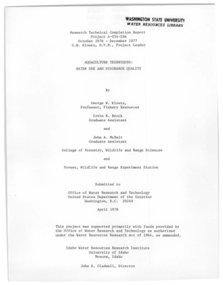 At least two problems regarding fish hatchery and farm effluents become apparent: 1) how to reduce economically the waste load in effluents from fish culture operations and 2) how to raise fish within the permitted discharge limitations. This project was designed to define the problems, to test methods for their resolution, and to implement those methods deemed most appropriate for each particular situation.