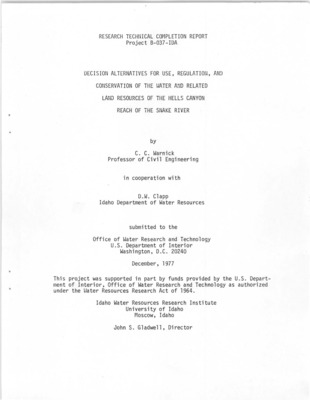 This report is an attempt to identify various considerations that are being made and will be made in choosing the alternatives that should be acted upon in the planning, development and conservation of the water and related land resources of Hells Canyon reach of the Snake River. A history of the area and issues involved has necessarily been presented. Once the considerations have been identified, a subjective analysis follows, discussing the interrelationship between paired considerations. A scaling has been made of the impact of one consideration on another consideration in a positive or negative sense. A novel graphic matrix has been used to present the interrelationship between considerations. The overall impact of these considerations on the State of Idaho, the Pacific Northwest region and the nation has been presented along with a spectrum of possible options for planning for development and conservation of the water resources of the Hells Canyon reach of the Snake River. An extensive bibliography of related information has also been compiled for reference. The report attempts to put forth planning information that will be useful to decision makers in setting forth an acceptable solution to the water resource conservation and development of the area.