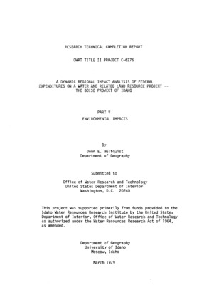 This report is a general synthesis of the many issues regarding postproject environmental evaluation, using as a frame of reference the Boise Project of the Bureau of Reclamation. The report does not comprehensively summarize the existing literature for the area of an environmental nature or provide systematic analysis of ecological processes in the Boise River Valley. Additional issues and information, particularly focusing on hydrologic, economic, and social aspects of this Southwestern Idaho area in relation to the Project, are presented in several companion reports which collectively document the findings of the "Boise Post-Audit Study". A short description of the Boise Project begins on page four of the text and need not be reiterated here. A discussion of the structure of the report follows, however, to help explain the attempted synthesis