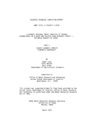 The Boise Project of Southwestern Idaho was built by the Bureau of Reclamation during the period from 1910 to 1956, at which time the irrigated acreage increased from 51,377 to 340,613 acres. This first report of the economic subproject brings together the relevant direct cost and return (benefit) information from the project. Since the public is often concerned about the economic justification for such a project, an effort is made to present the cost and return information in such a way as to indicate the public expenditures made in terms of tax dollars and the income benefits received in terms of value added. Benefit-cost ratios are presented in terms of value added (net income) per dollar of project cost for each year from 1910 to 1970. This measure of success (or failure) of the project varies from a negative $0.59 in 1932 to a positive $21.29. Prior to 1940, and especially during the depression years, the project was what one might consider a marginal economic success. After 1940 and the second World War, however, the above measure indicated each dollar of public funds expended were associated with about $5 in income to someone in the area. Obviously, the project also had secondary or indirect impacts on the region in which it was located -- these impacts will be identified and discussed in the second volume of this report. It should be emphasized that the numbers in this report (costs and returns) represent all the economic factors involved in the project and the subsequent irrigated crop production. No attempt has been made to allocate benefits to water, land, technology, or management. The income benefits of the project are the result of the use of all relevant inputs and should not be attributed to any one input (such as water). Income benefits are those associated with the economic activity resulting from the project.