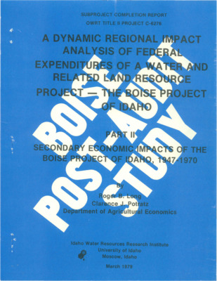 Briefly, the objectives of this study, specifically developed to help solve the above problem, were as follows: 1) Develop an aggregate regional economic model that would simulate the economies of the state and region; 2) Analyze the growth of the state, region, and the irrigation project through their economic inter-relationships in order to facilitate evaluation of the impact on income and output; 3) Evaluate the economic impact of the Boise Project on the Boise region and the state over time.